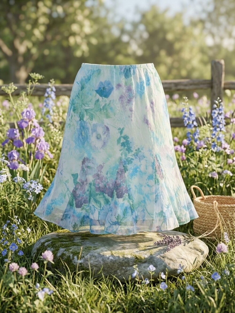 Floral A-Line Knee-Length Skirt - Pastel Blue & Lavender